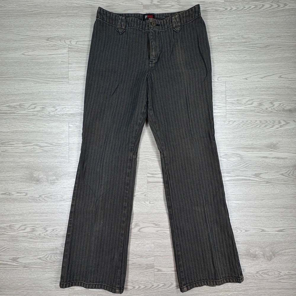 NY Jeans Women's Jeans 10 Black Herringbone Stripe Flare Leg Snap Hem Vintage